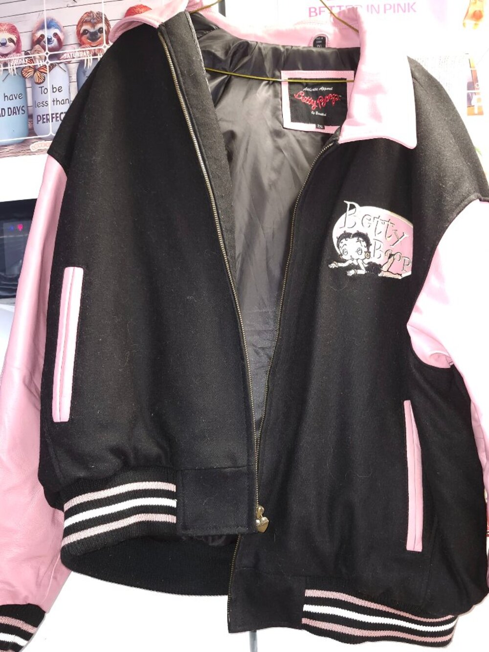 NWOT! Betty Boop pink leather varsity style jacket, 5 pockets!